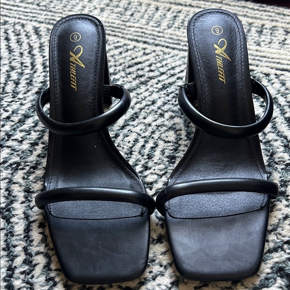 Athlefit Chunky Strappy Sandal Square Open Toe Heels Black 9 - Picture 1 of 3